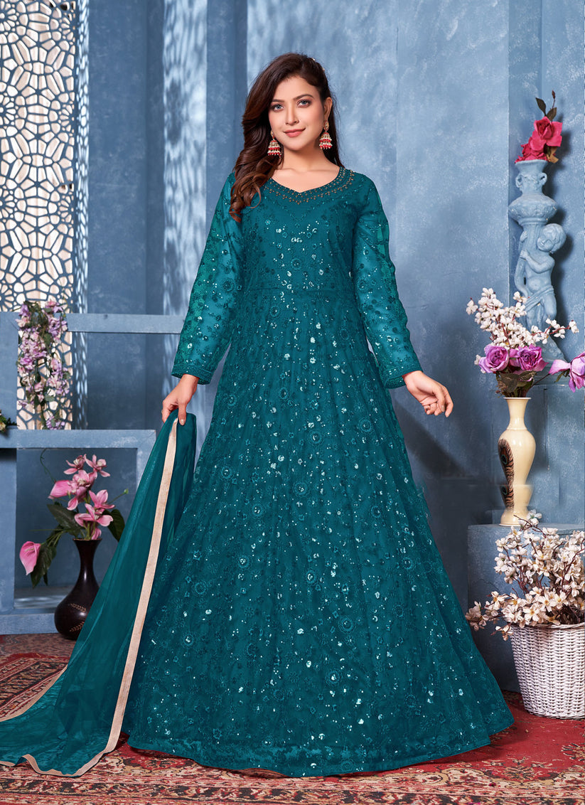 Peacock Blue Net Thread and Sequence work Anarkali Suit