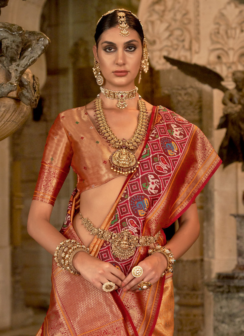 Orange Banarasi Brocade Zari Woven Saree