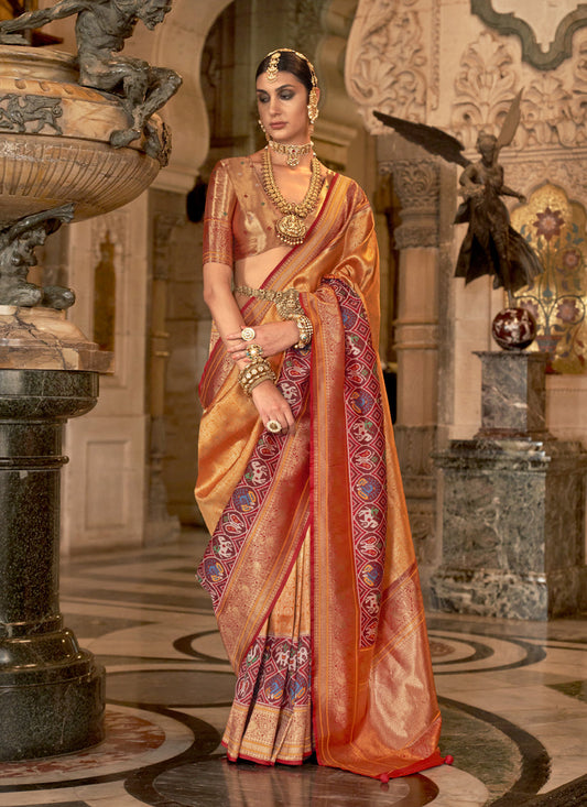 Orange Banarasi Brocade Zari Woven Saree