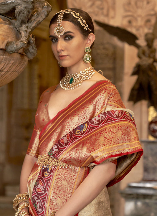 Cream Banarasi Brocade Zari Woven Saree