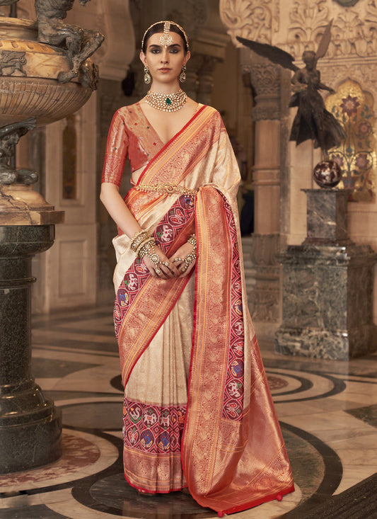 Cream Banarasi Brocade Zari Woven Saree