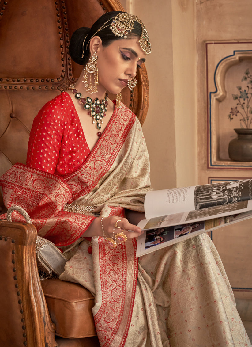 Beige Silk Banarasi Brocade Zari Woven Saree