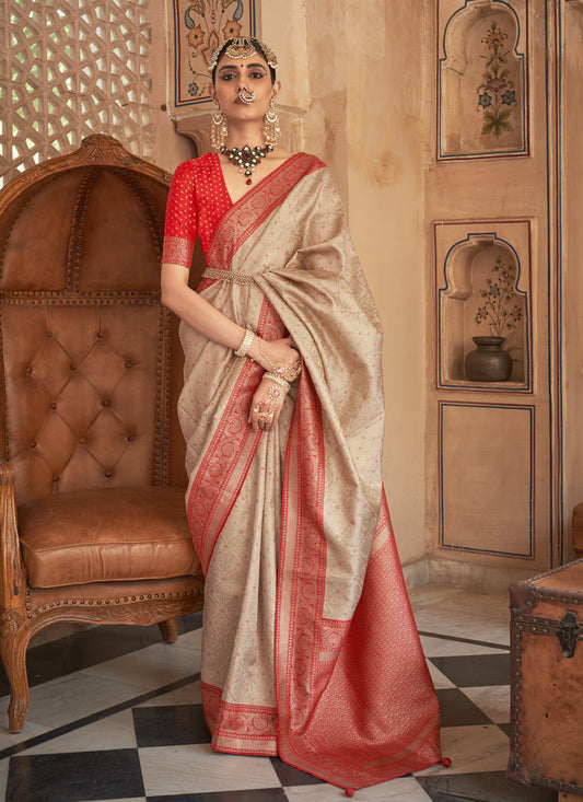 Beige Silk Banarasi Brocade Zari Woven Saree