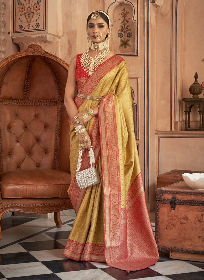 Yellow Silk Banarasi Brocade Zari Woven Saree