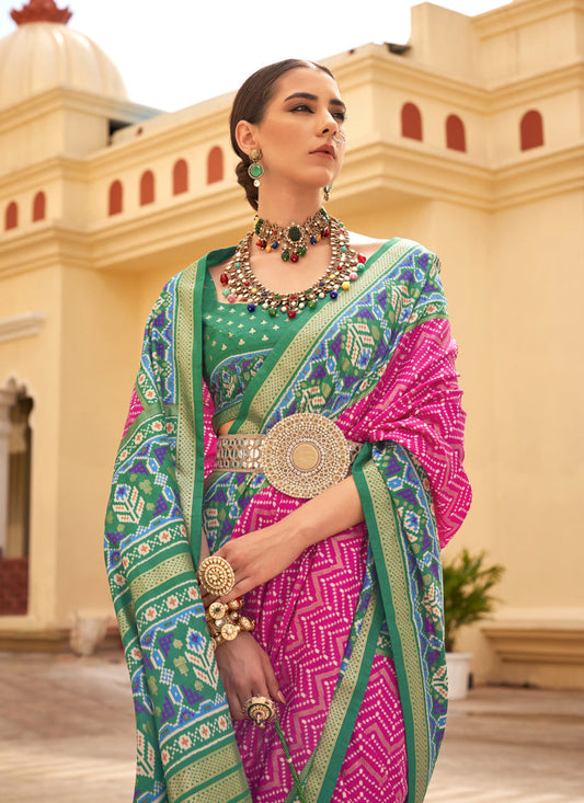 Rani Pink Silk Digital Printed Saree