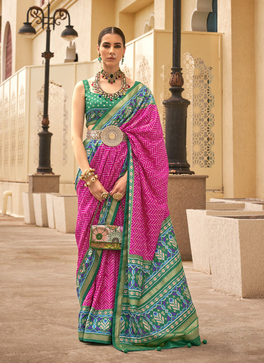 Rani Pink Silk Digital Printed Saree