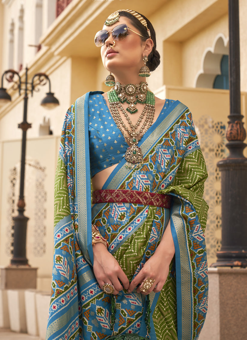 Olive Green Silk Digital Printed Saree