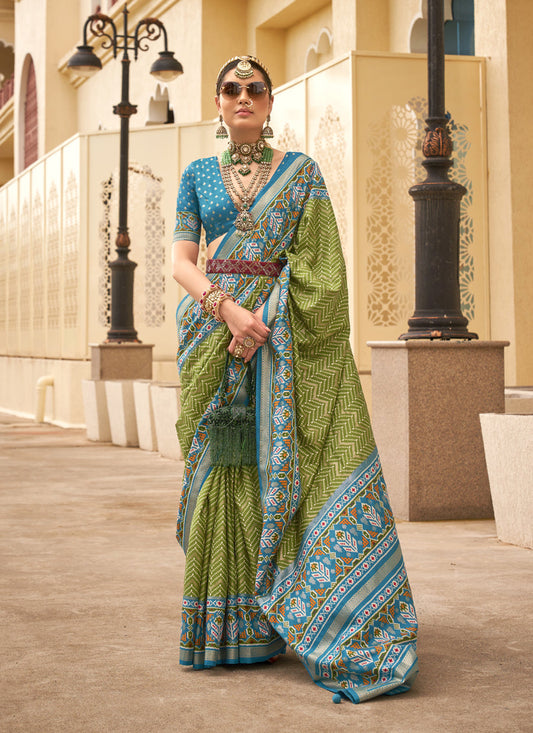 Olive Green Silk Digital Printed Saree