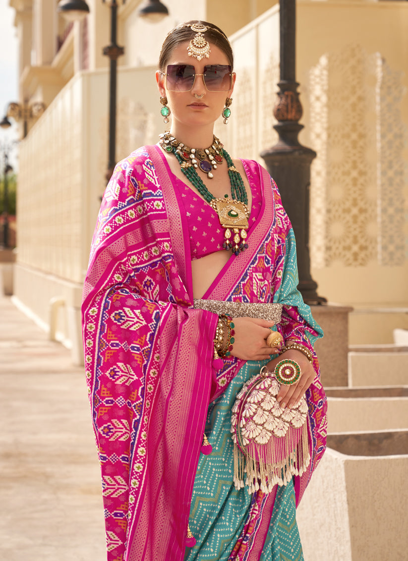 Turquoise Silk Digital Printed Saree