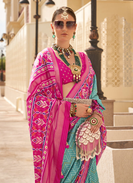 Turquoise Silk Digital Printed Saree