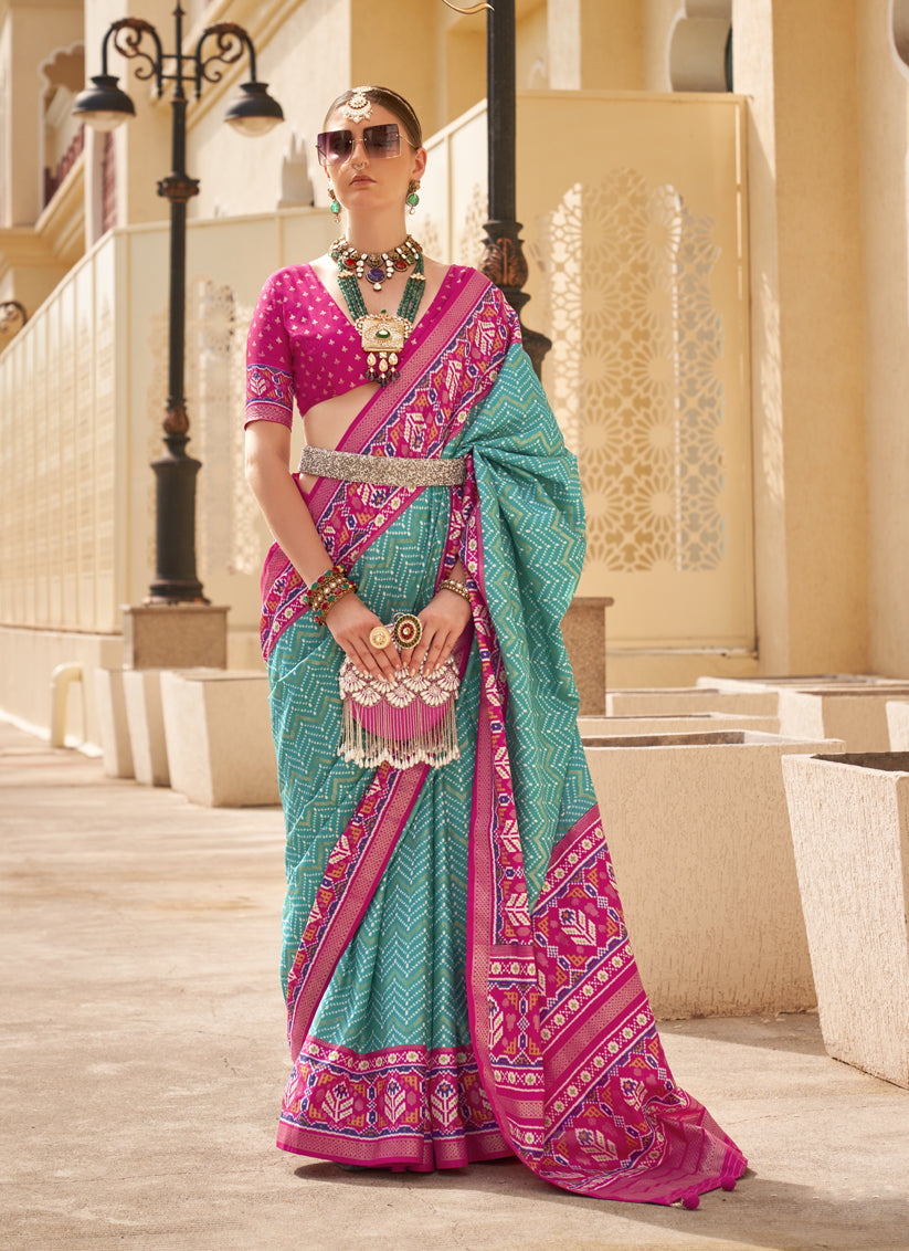 Turquoise Silk Digital Printed Saree