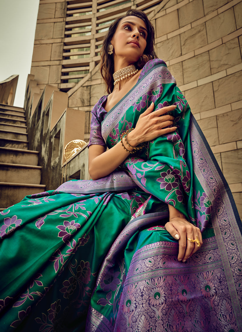 Rama Green Satin Brasso Zari Woven Saree