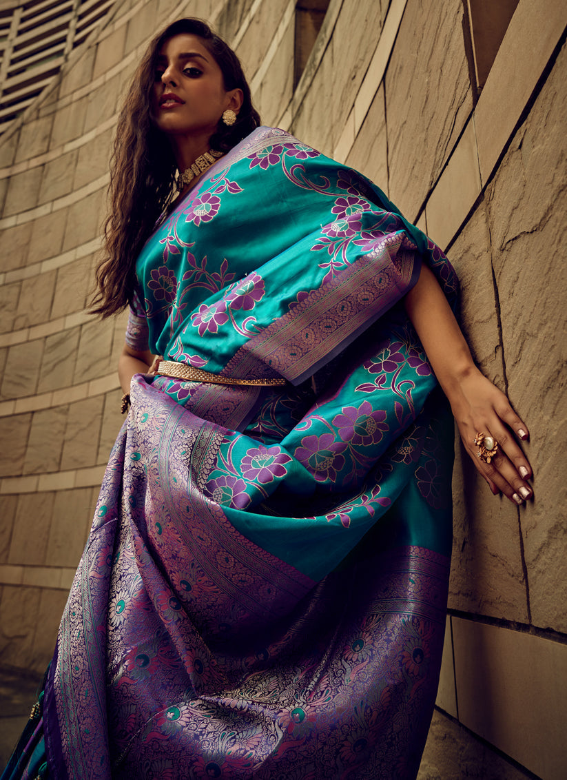 Morpich Satin Brasso Zari Woven Saree