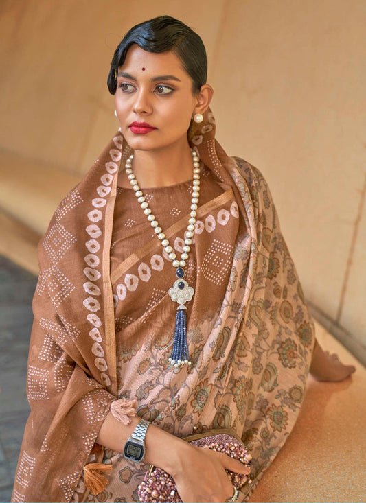 Beige Printed Cotton Party Wear Saree