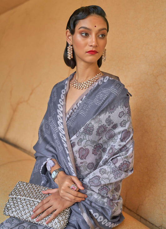 Lavender Grey Printed Cotton Party Wear Saree