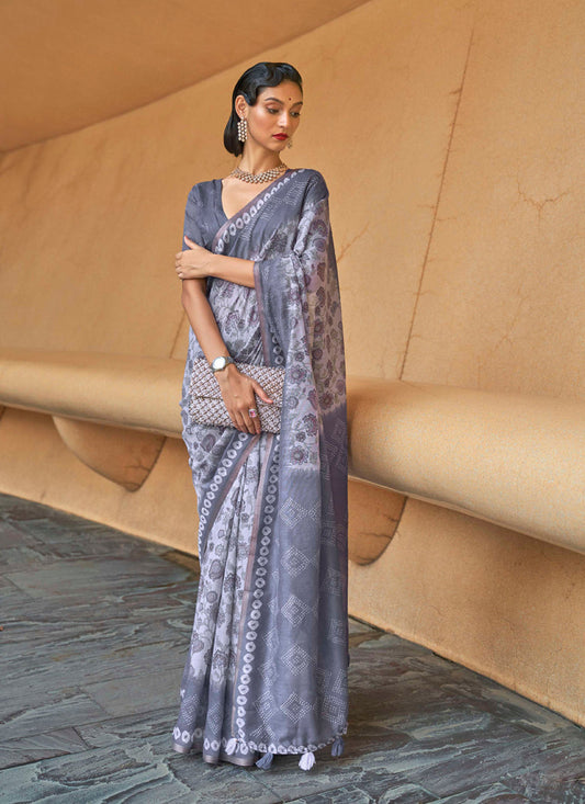 Lavender Grey Printed Cotton Party Wear Saree