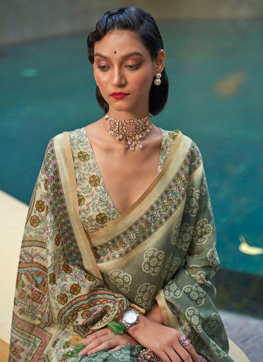 Moss Green Printed Cotton Party Wear Saree