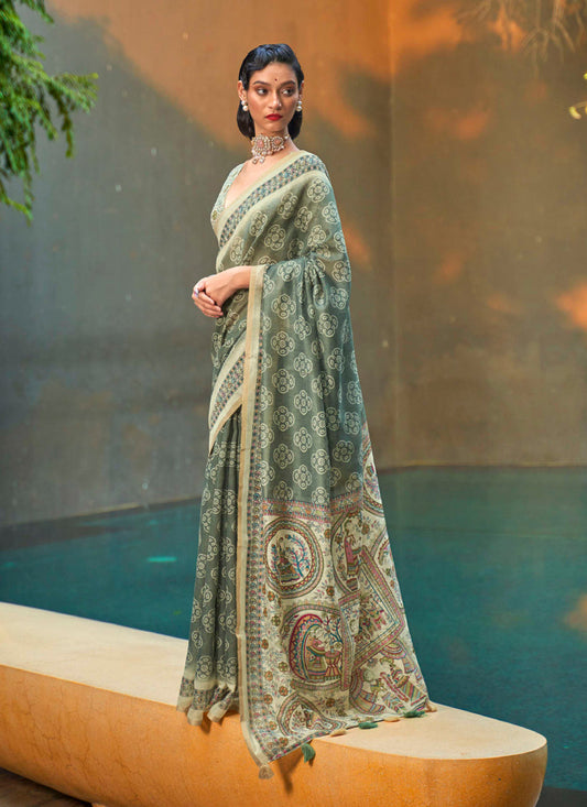 Moss Green Printed Cotton Party Wear Saree