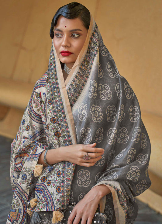Slate Grey Printed Cotton Party Wear Saree