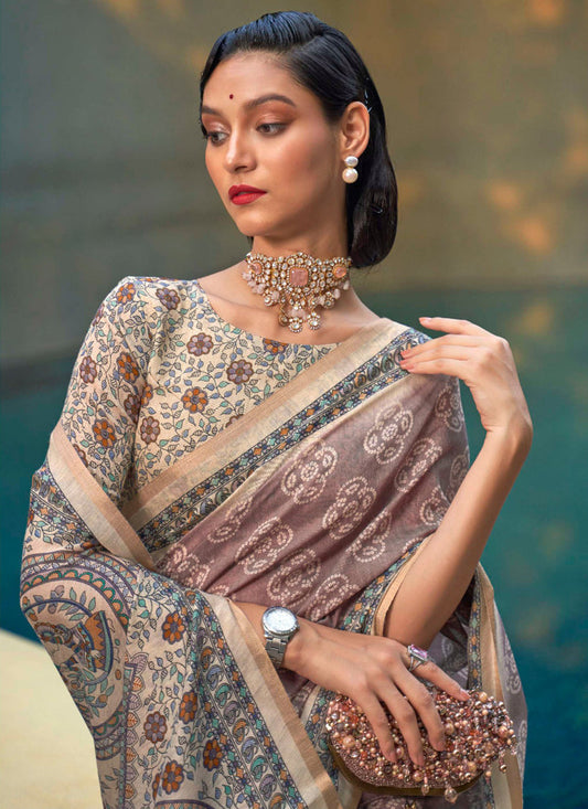 Rose Taupe Printed Cotton Party Wear Saree