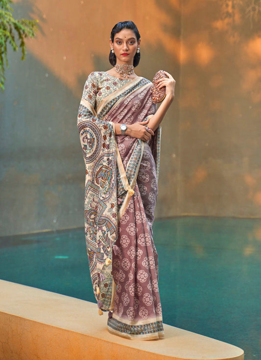 Rose Taupe Printed Cotton Party Wear Saree