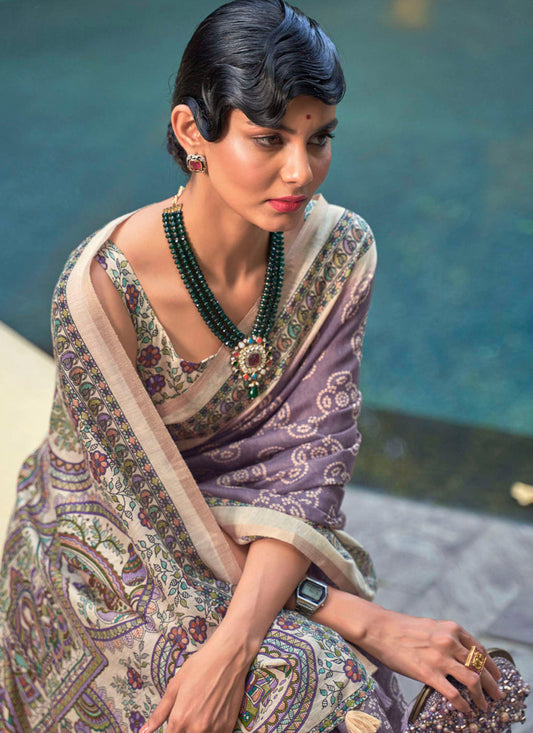 Dusty Mauve Printed Cotton Party Wear Saree