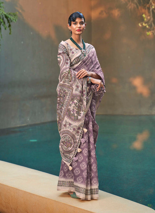 Dusty Mauve Printed Cotton Party Wear Saree