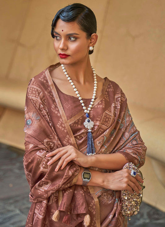 Copper Brown Printed Cotton Party Wear Saree