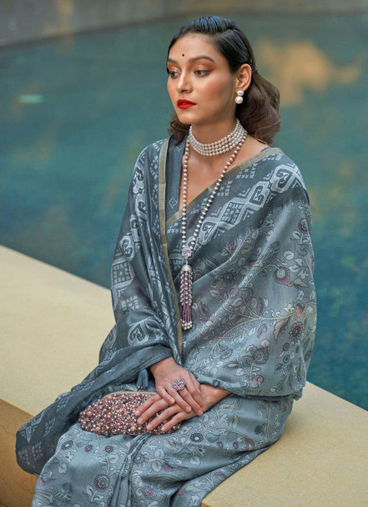 Teal Grey Printed Cotton Party Wear Saree
