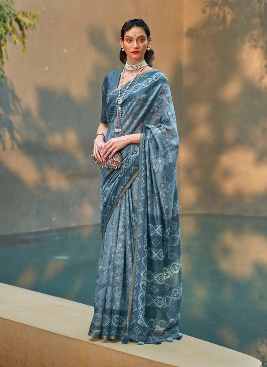 Teal Grey Printed Cotton Party Wear Saree