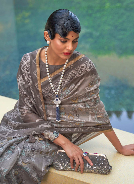 Dusty Grey Printed Cotton Party Wear Saree