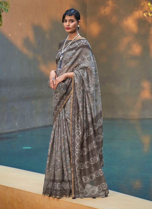 Dusty Grey Printed Cotton Party Wear Saree