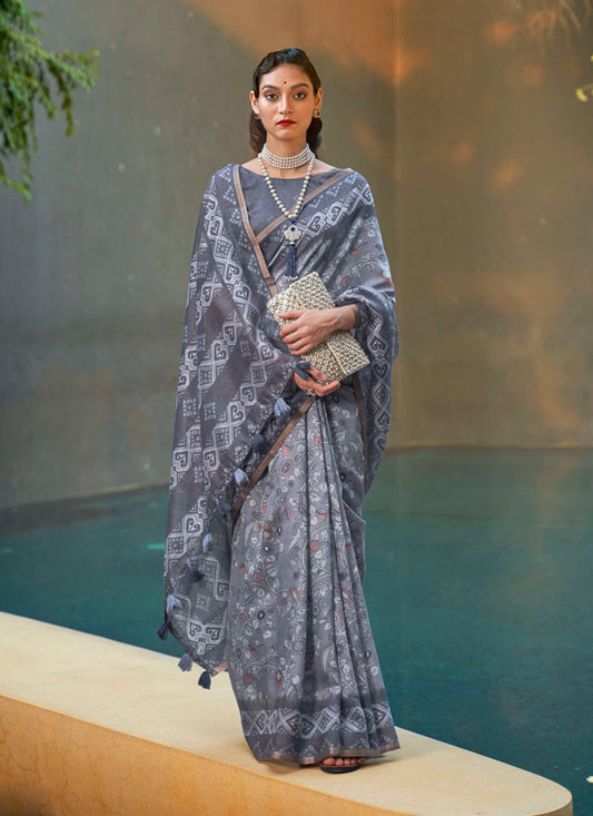 Graphite Grey Printed Cotton Party Wear Saree