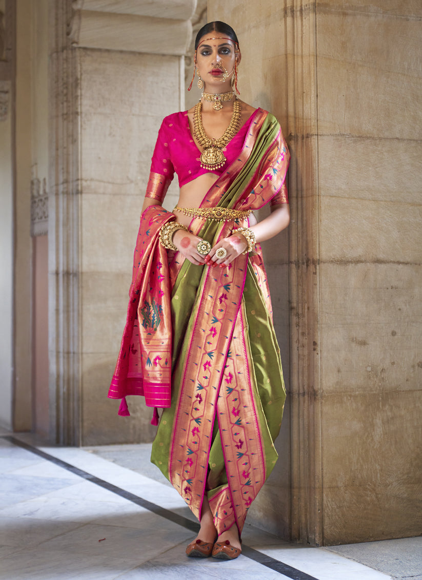 Olive Green Paithani Weaving Silk Saree for Wedding