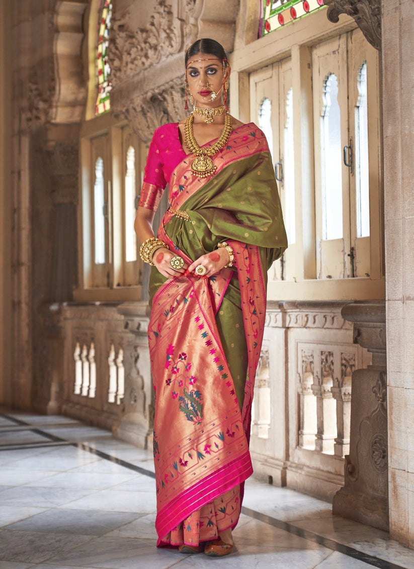 Olive Green Paithani Weaving Silk Saree for Wedding