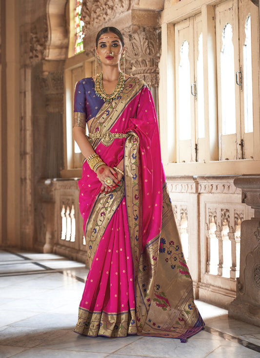 Rani Pink Paithani Weaving Silk Saree for Wedding
