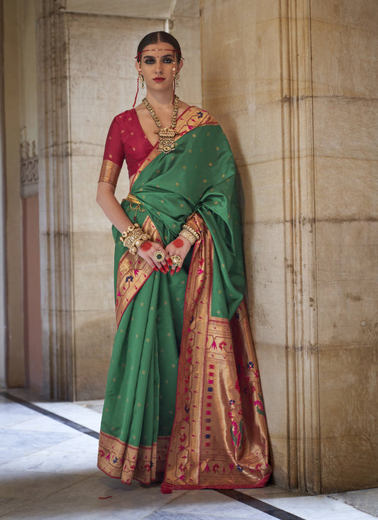 Rama Green Paithani Weaving Silk Saree for Wedding