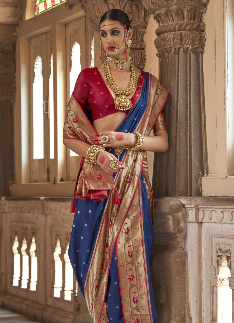 Cobalt Blue Paithani Weaving Silk Saree for Wedding