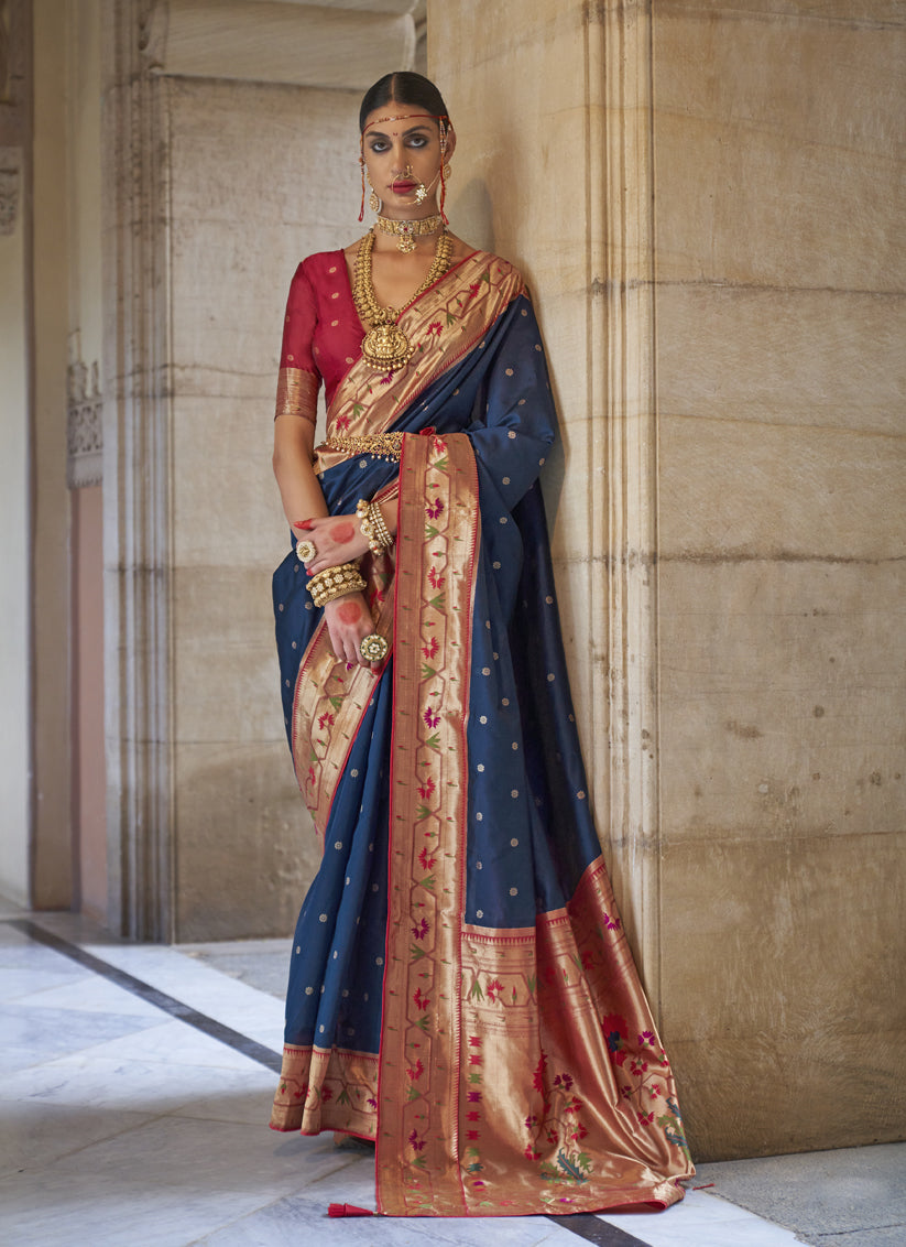 Cobalt Blue Paithani Weaving Silk Saree for Wedding