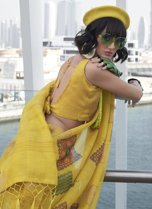 Lemon Yellow Printed Zari Tissue Saree