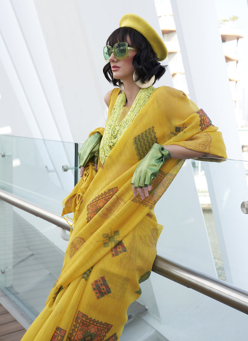 Lemon Yellow Printed Zari Tissue Saree
