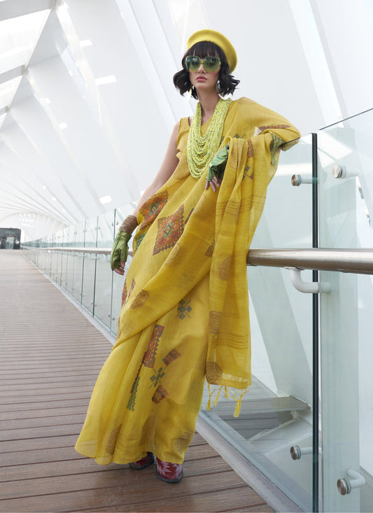 Lemon Yellow Printed Zari Tissue Saree