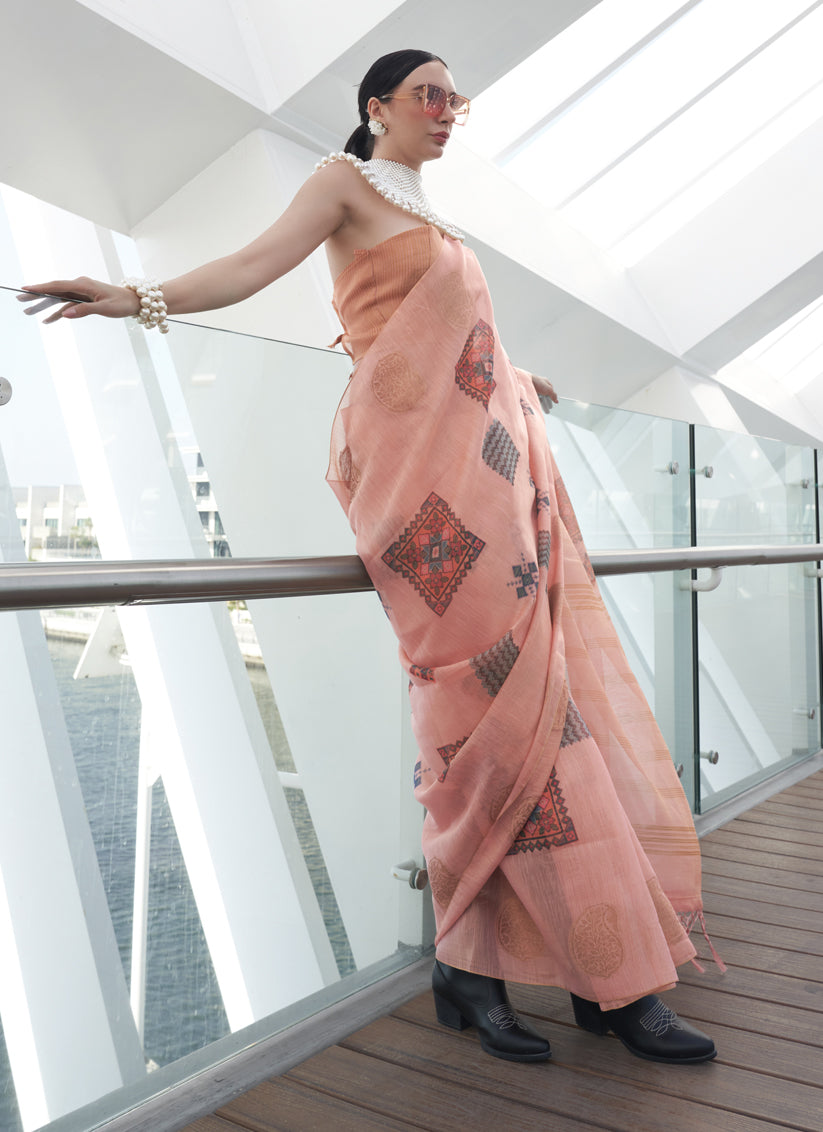 Peach Printed Zari Tissue Saree