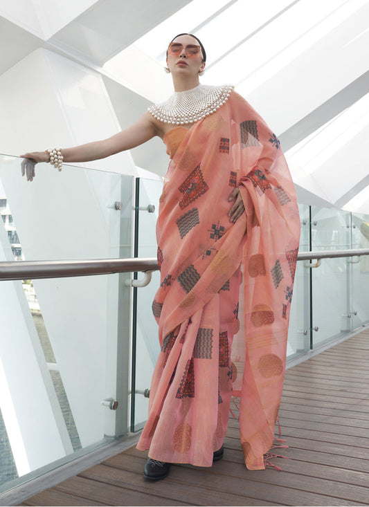 Peach Printed Zari Tissue Saree