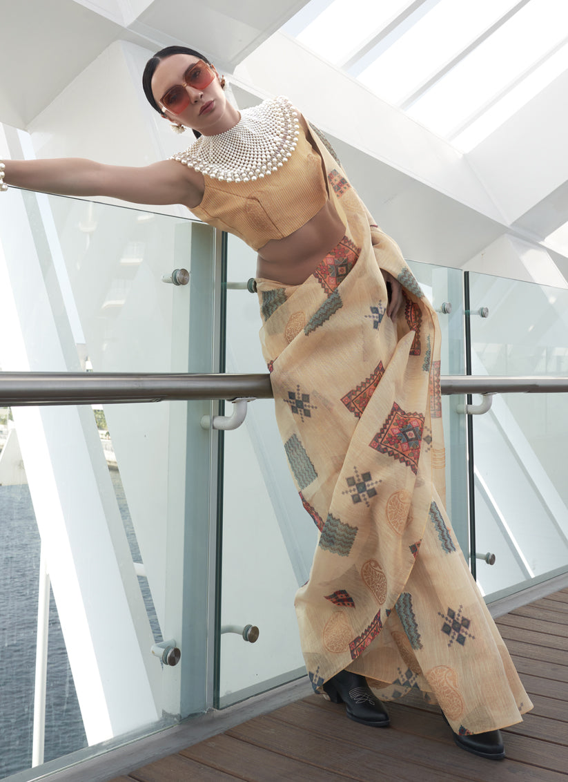 Beige Printed Zari Tissue Saree