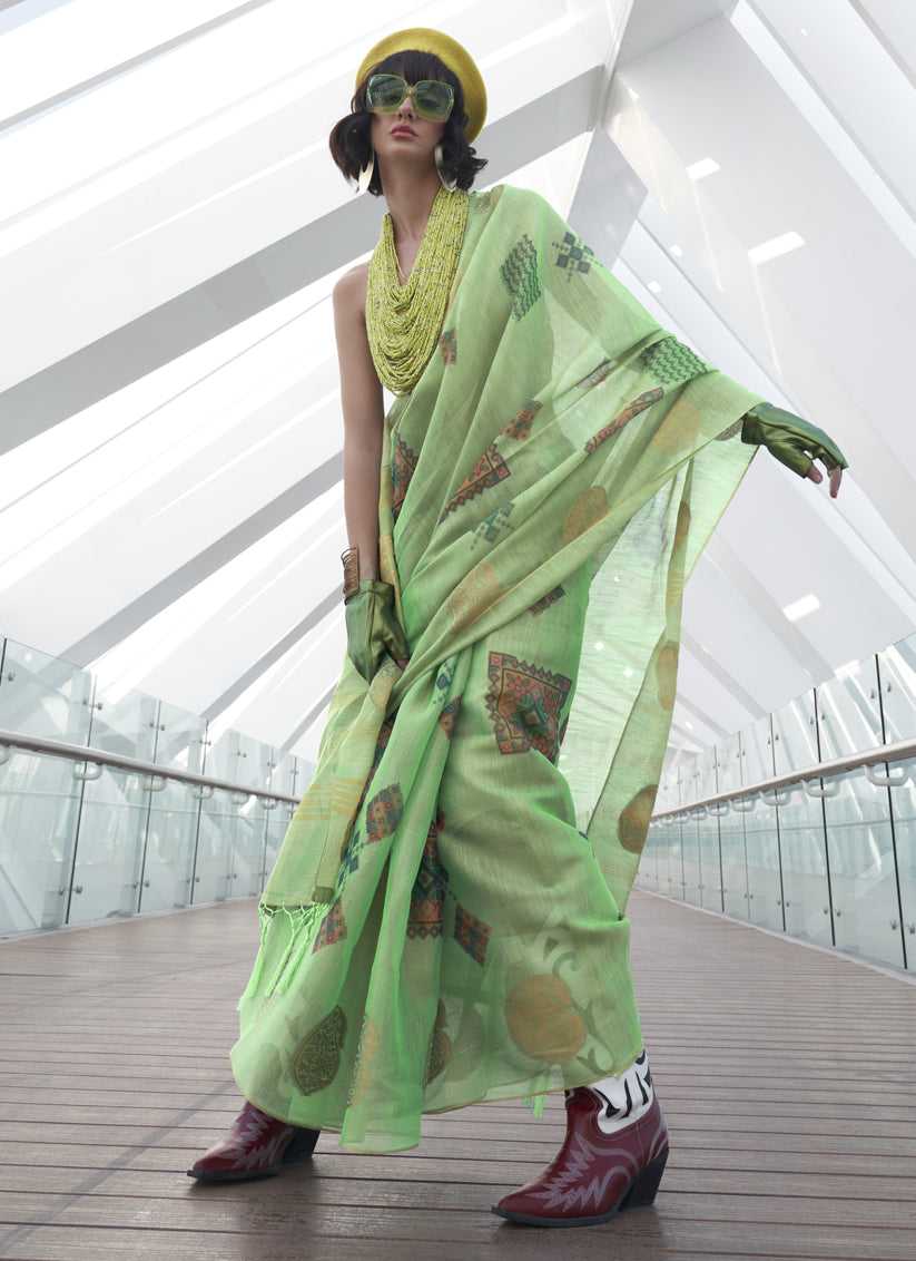 Pistachio Green Printed Zari Tissue Saree