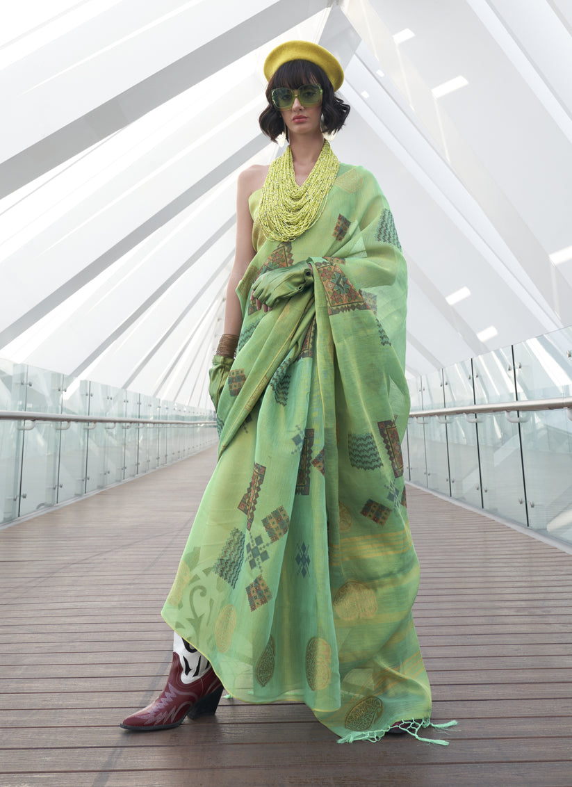 Pistachio Green Printed Zari Tissue Saree