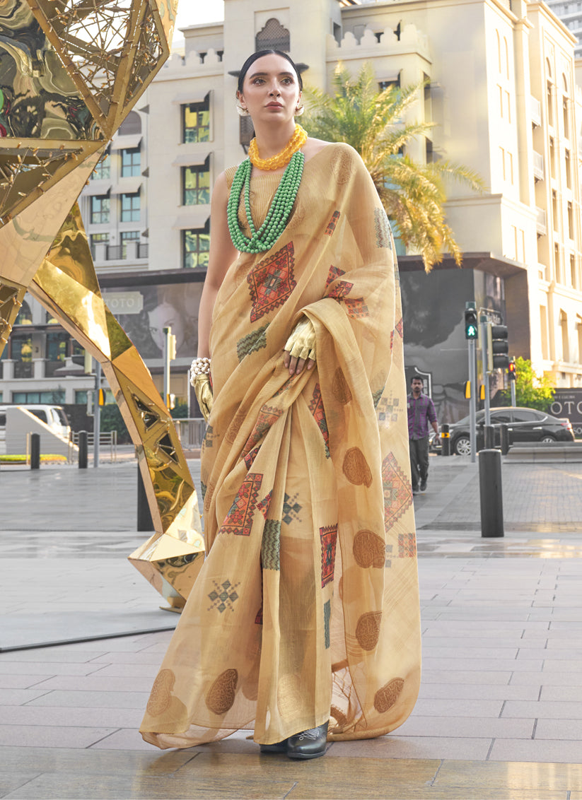 Beige Printed Zari Tissue Saree