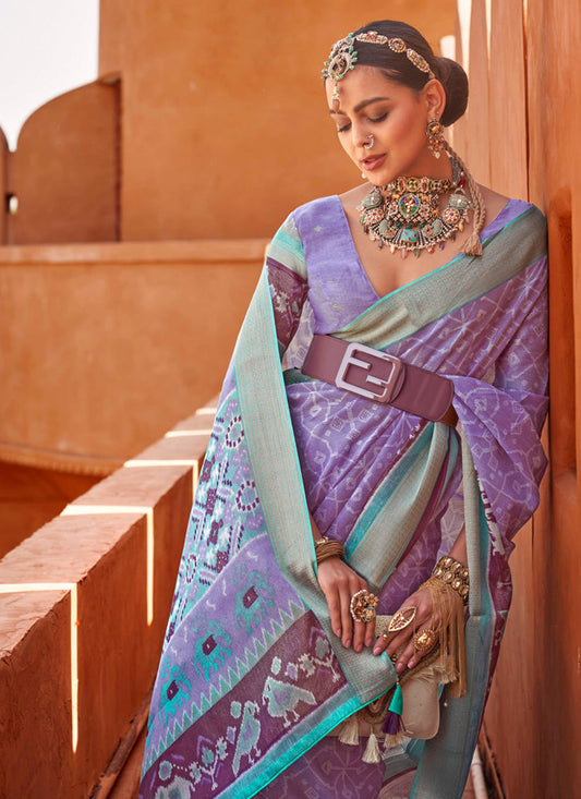Lilac Foil Printed Cotton Silk Saree