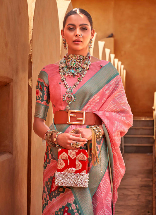 Coral Pink Foil Printed Cotton Silk Saree